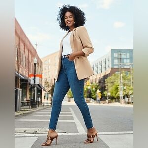 Express Super High Waisted FlexX Medium Wash Raw Hem Skinny Jeans - Size S Long